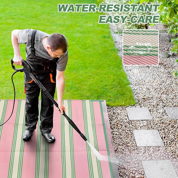 Lahome Striped Outdoor Plastic Straw Rug, Reversible Outdoor Rug Waterproof 9x12 Rugs for Patio, RV Camping Rug Picnic Mat Outside Large Carpet for Beach Deck Backyard Balcony(Pink/Green,9'x 12')