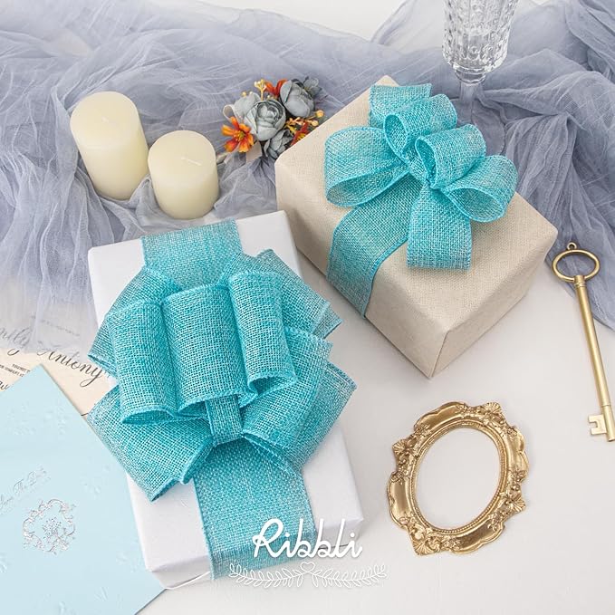 Ribbli Light Blue/Ocean Blue Burlap Wired Ribbon,1-1/2” Inch x Continuous 10 Yard, Wired Edge Ribbon for Big Bow,Wreath,Tree Decoration,Outdoor Decoration