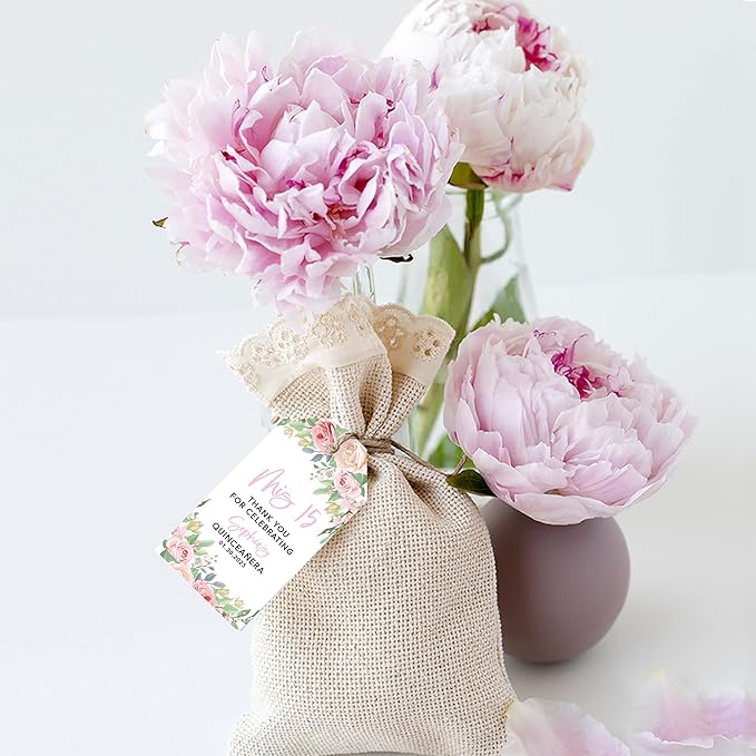 Andaz Press 40-Pack Personalized Quinceañera Favor Tags with String, Pink & Cream Roses Custom Classic Thank You Gift Tags for Mis Quince Años XV 15th Birthday Favor Gifts Quince Decorations