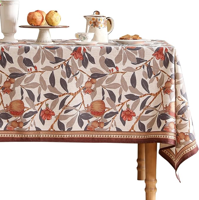 patdrea Designer Vintage Rectangle Tablecloth,Linen Pomegranates and Leaves Pattern Tablecloths,Fall Table Cover Cloth Decor for Kitchen Dining Christmas,Thanksgiving,63"x87"-Tehran a