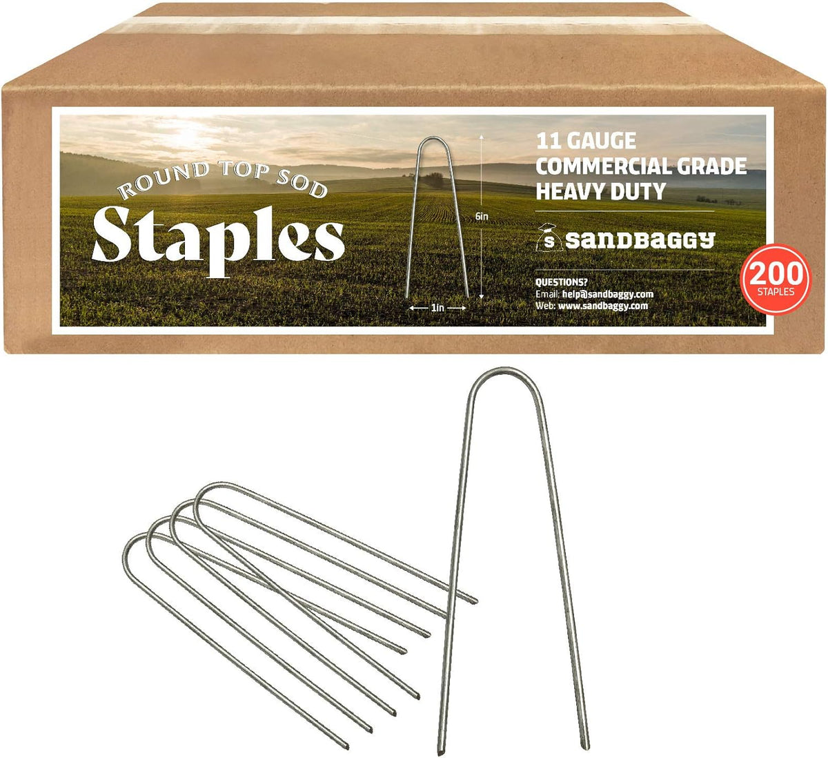 Sandbaggy Round Top 6-Inch Landscape Staples ~ SOD Garden Stakes Square Pin for Ground Cover Fabric & Drip Irrigation Tubing (200 Staples)