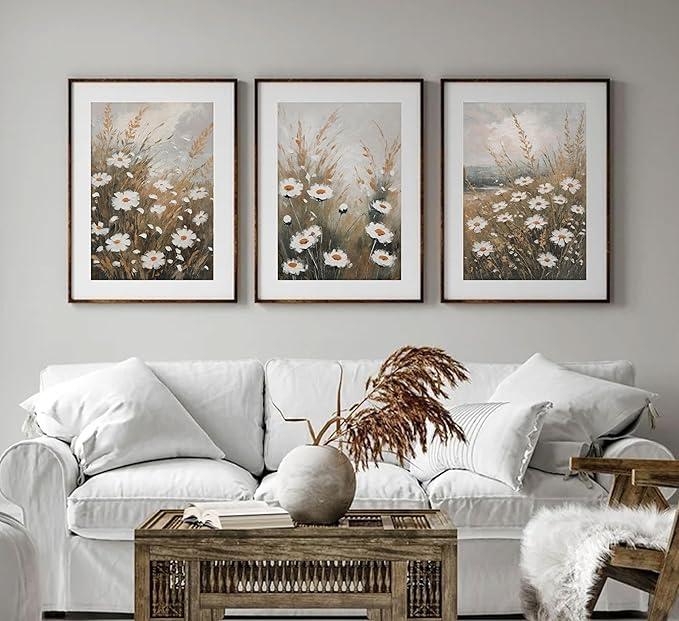 3 Pcs Vintage Wildflowers Field Canvas Wall art Farmhouse Rustic Wildflower Nature Landscape Painting Pictures Wall Decor Posters Print Artwork for Living Room Bathroom Home Decoration Unframed