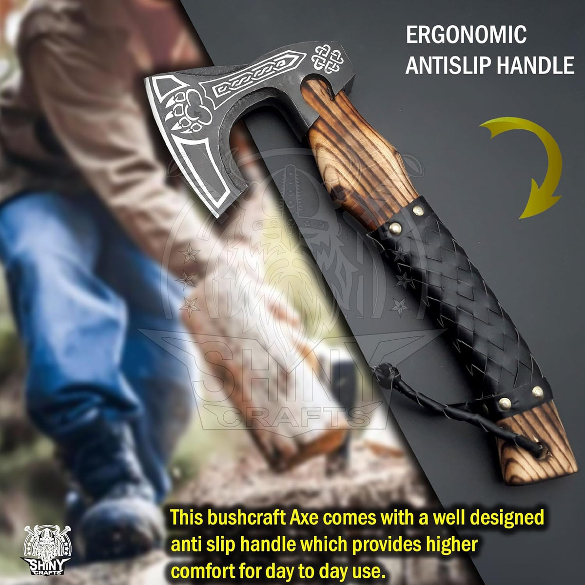 SHINY CRAFTS®- Decorative Viking Axe – Unique Gift for Dad Carbon Steel Blade with Leather Handle Perfect for Bushcraft or Display (SCA-16)