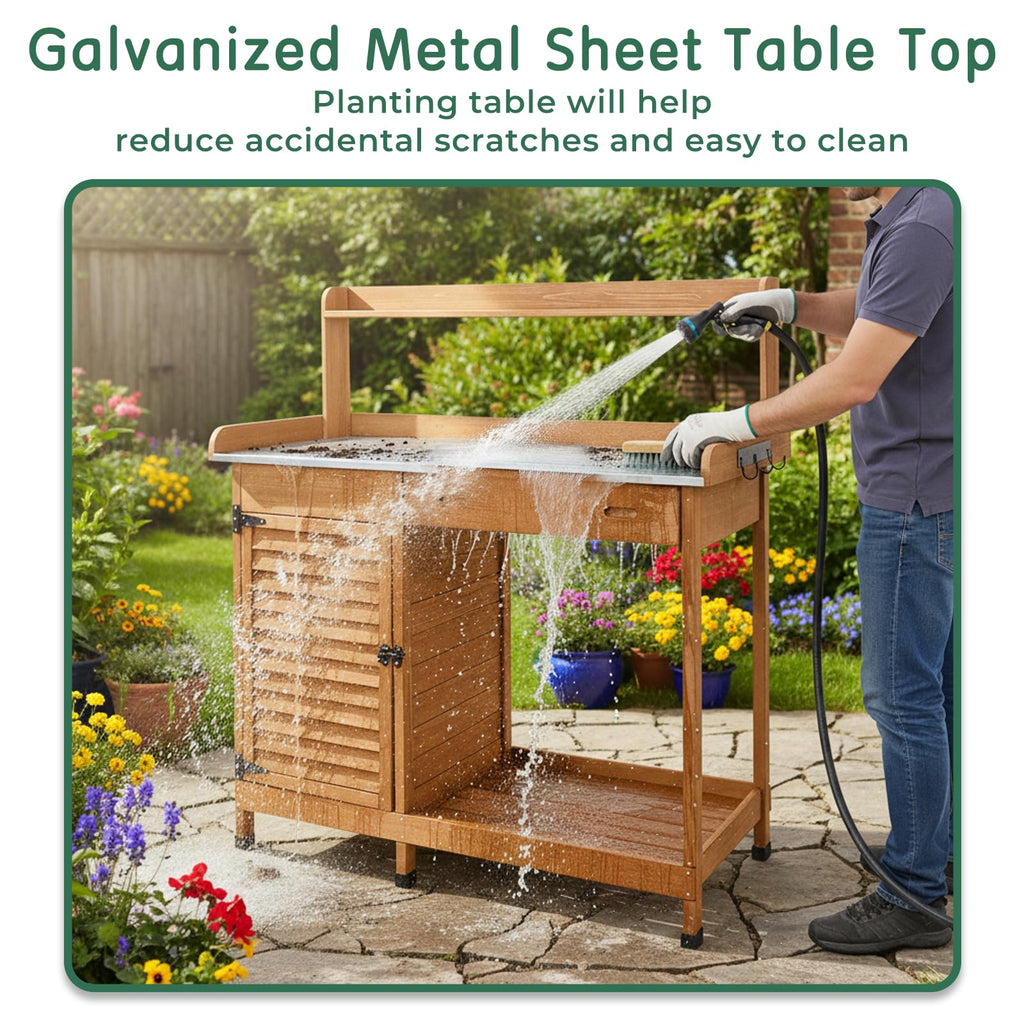 Potting Bench Table Work Bench with Storage Cabinet Outdoor Wooden Garden Workstation with Metal Tabletop/Drawer/Hooks/Open Shelf(41" LX 12.5" W X 49.2" H)