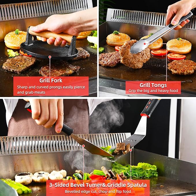Griddle Accessories Kit, 28 Pcs Flat Top Grill Accessories Set for Blackstone, Professional Grill BBQ Spatula Set with Basting Cover, Spatula, Scraper, Bottle, Tongs, Egg Ring