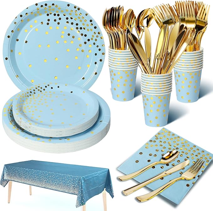 141 Pieces Light Blue and Gold Party Supplies, Party Dinnerware Sets Include Paper Plates Napkins Cups Silverware, for Wedding Bridal Shower Engagement Birthday Parties Decoration -20 Serves