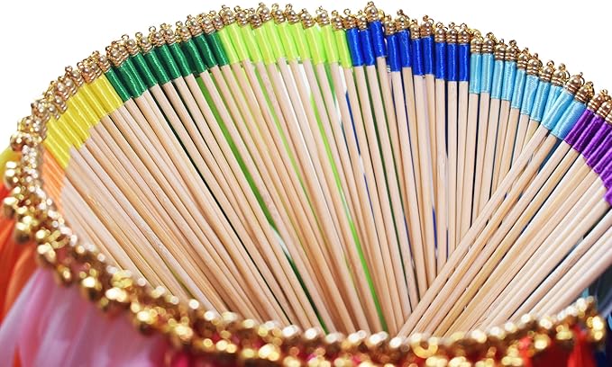 Kingsnow 100 Pieces Multi-Color Ribbon Wands Streamers Sticks with Gold Bell, Chromatic Silk Wish Wands Fairy Stick Party Rhythm Ribbon Streamers for Wedding Send Off Bridal Shower Party Photo Props