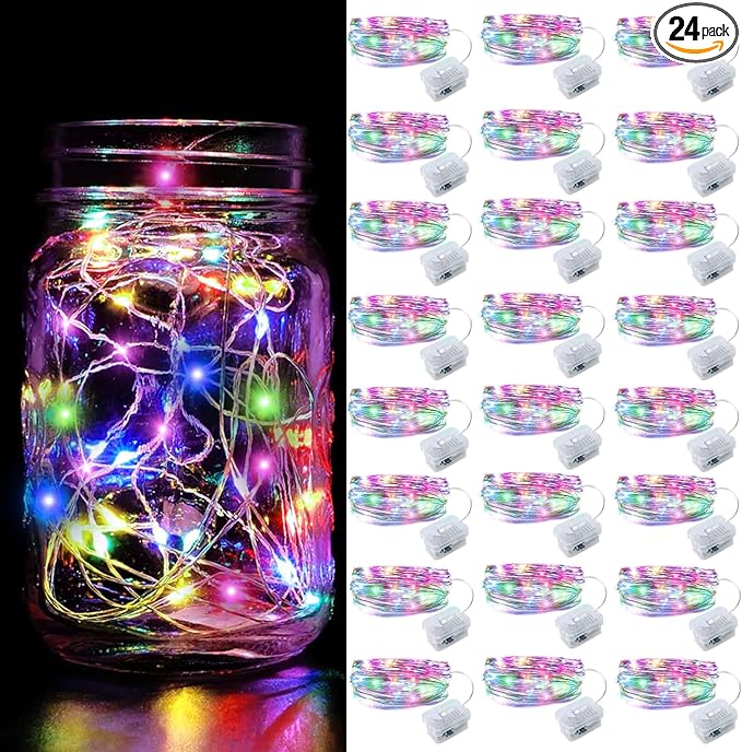 Aogist 24 Pack Fairy Lights 3 Modes 7ft 20 LED Waterproof,Battery Operated Silver Wire Firefly Starry Moon Mini String Lights for Mason Jars Christmas DIY Crafts Wedding Party Bedroom,Multicolor