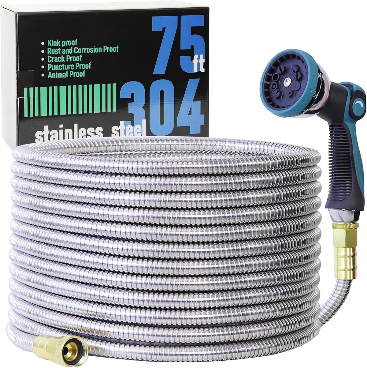 75FT Garden Hose, 304 Stainless Steel Water Hose, Flexible with a 10-Mode Nozzle Sprayer, No Kink, Lightweight, Puncture Proof, Ideal for Yard, Lawn, Outdoor, 5/8'' Outside Diameter