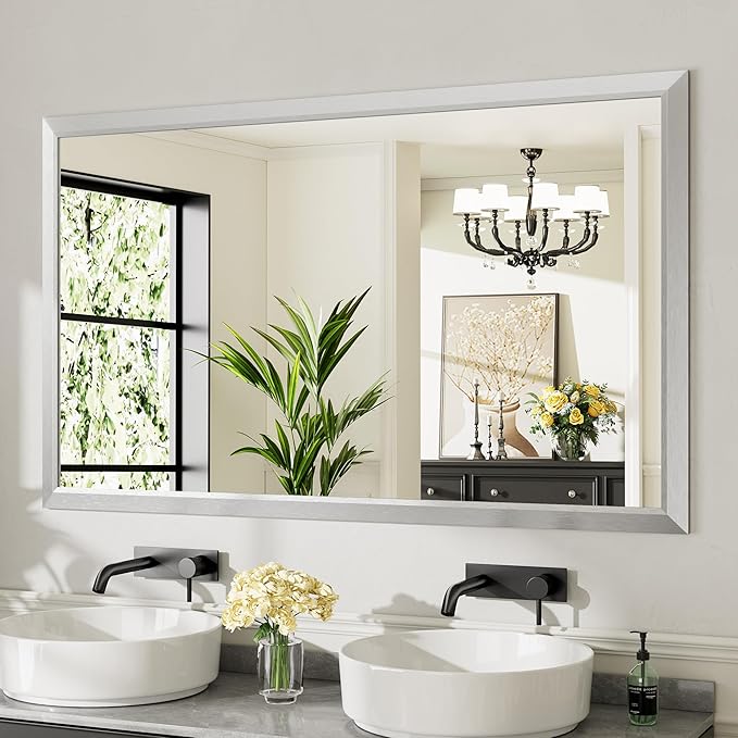 60x36 Inch Silver Bathroom Mirror for Wall, Thick Metal Framed Rectangle Mirrors for Over Sink, Bedroom, Living Room, Entryway, Anti-Rust, HD Tempered Glass