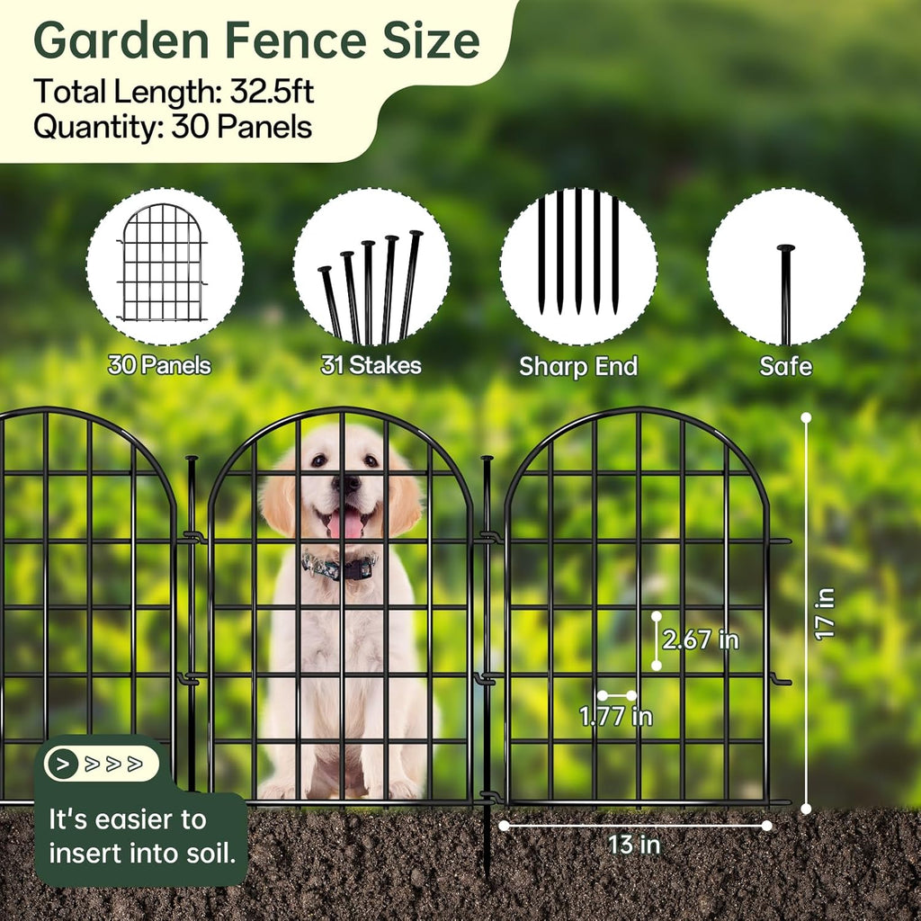 32.5 ft(L) x 22 in(H) Garden Fence, 30 Panels Arched No Dig Fence, Decorative Animal Barrier Fencing with Ground Stake, Rustproof Metal Garden Edging Border for Dog, Rabbit, Outdoor Yard Patio Decor