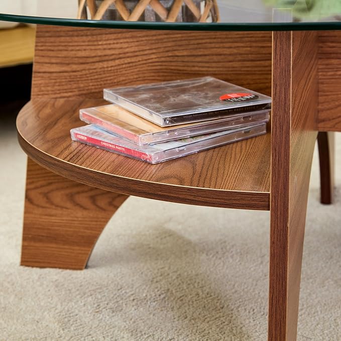31.5" Round Glass Coffee Table with Tempered Glass Top and MDF Base, Diagonal Fan-Shaped Tray Design Table Leg Simple & Modern Center Table for Living Room Office Apartment Walnut