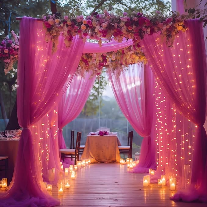 30×10ft Hot Pink Tulle Backdrop Curtain with Lights String for Parties, Sheer Photo Backdrop Curtains for Wedding Bridal Shower Party Photography Background