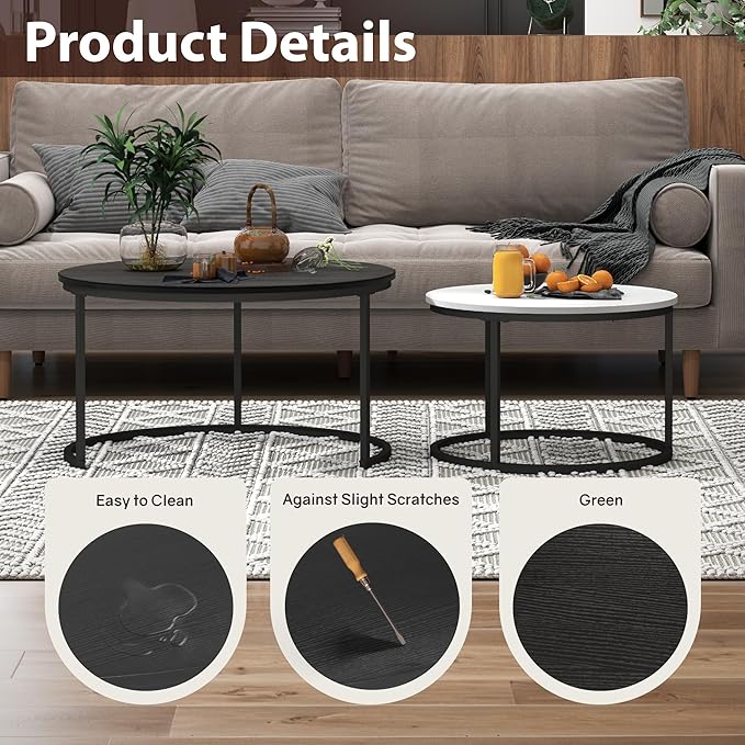 Nesting Tables Set of 2, 31.5" Round Coffee Table, Small Nesting Coffee Table with Adjustable Non-Slip Fee, Wood Grain Top Nesting Tables for Living Room, Bedroom (Wood Grain Black&White)