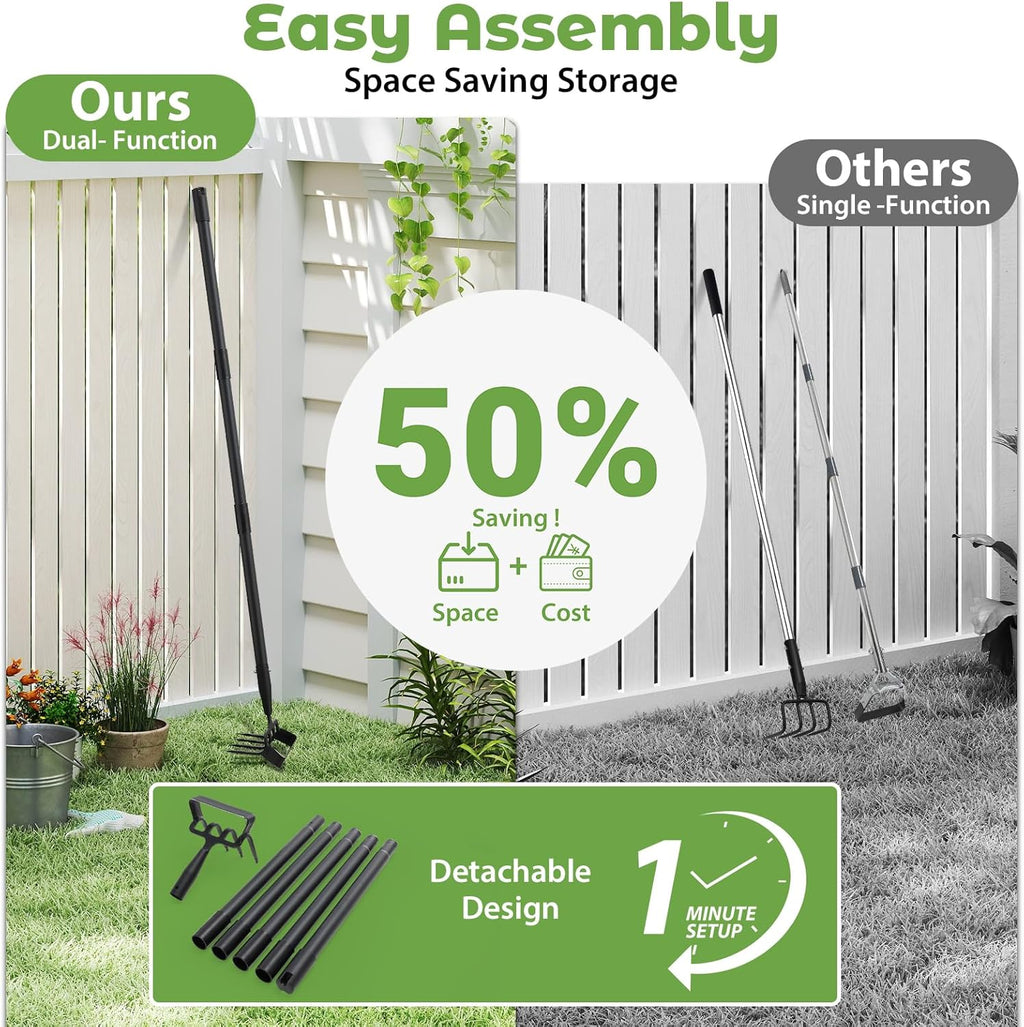 Garden Hoe,2 in 1 Heavy Duty Stirrup Hoe and Cultivator Gardening Tool Set with 62 inch Long Handle,Lightweight Hula Hoes Weeding Rake for Fast Weeds Grass Removal,Cultivating, Loosen Soil, Sharp Edge
