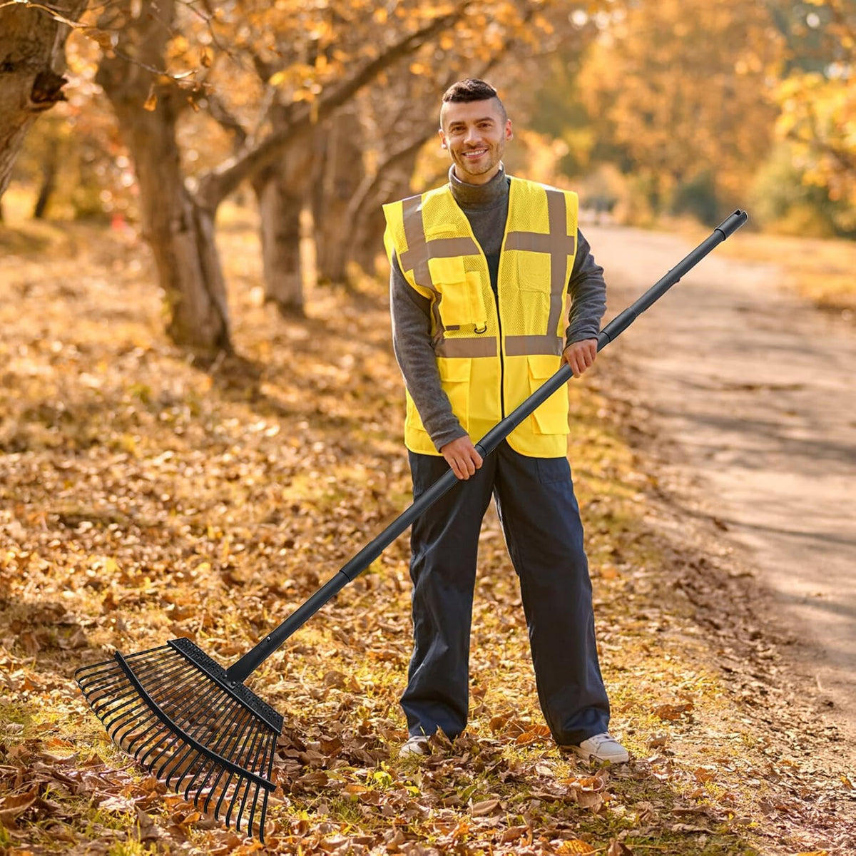 Rake for Leaves, 25 Metal Tines Wide Leaf Rake, 60'' Leaf Rakes for Lawns with Adjustable Steel Handle for Camping Flower Beds Mulch Shrub, Black