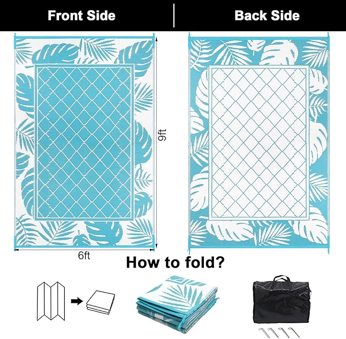 Ileading Outdoor Rug Carpet for Patio 6' x9' Waterproof Reversible Plastic Straw Rug Portable Outside Area Rug Camping Mat for Patio, Clearance, Balcony, Picnic, Pool, Beach, RV, Deck, Leaf Teal