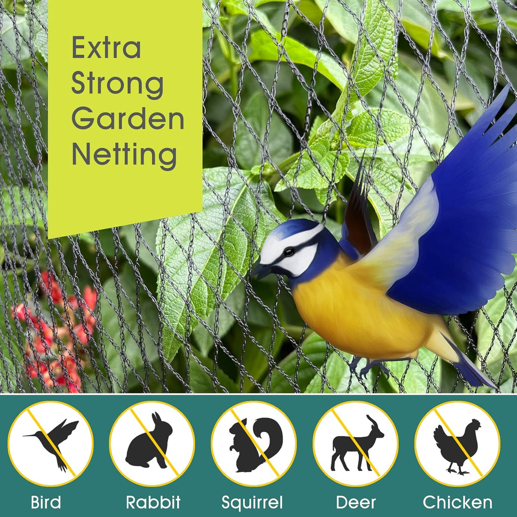 Bird Netting for Garden - 7.5 x 65 FT Heavy Duty Anti Bird Netting Mesh with Ties and Landscape Staples for Vegetable, Fruit Trees & Other Plants, Lasting Against Birds Deer Squirrels and Poultry