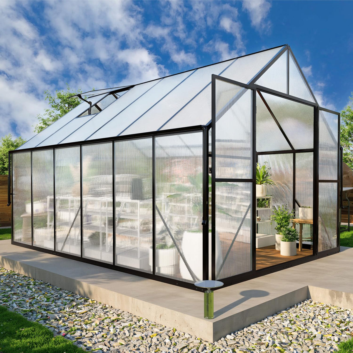 8x12 FT Greenhouse for Outdoors, Polycarbonate Green House with Adjustable Roof Vent and Rain Gutter, Aluminum Large Walk-in Greenhouse with Quick Setup Structure for Outside Garden Backyard Patio