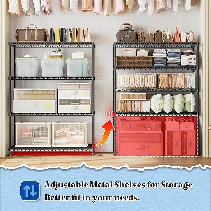 4- Shelf Metal Shelving Unit Adjustable Storage Shelves Heavy Duty Garage Shelving Steel Wire Shelving for Laundry Bathroom Kitchen Pantry Closet Garage Black, 35.6Wx16Dx54H