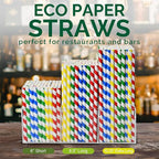 [10mm Wide] Chunspak 6" Short Fat Colorful Striped Paper Drinking Straws Disposable 100 Counts for Smoothie, Milkshakes, Thick Drinks - Biodegradable
