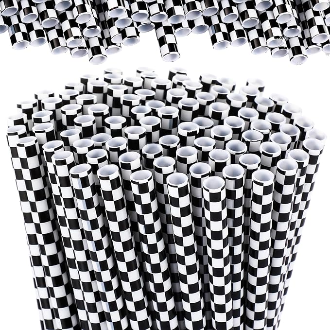 Domensi 100 Pcs Black and White Checkered Racing Straws Plastic Disposable Drinking Straws Hard Plastic Reusable Striped Flag Party Supplies for Race Car Sports Themed Birthday Decoration