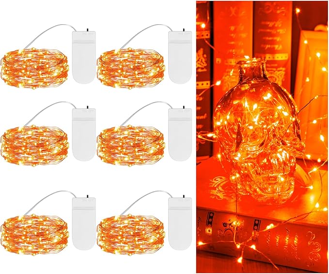 TingMiao Halloween Orange Fairy Lights Battery Operate,7.2ft 20 LEDs String Lights Silver Copper Wire for Hallowen Christmas DIY Decoration Wedding Party (6 Pack)