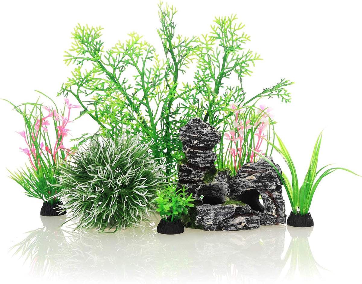 JIH Aquarium Fish Tank Plastic Plants and Cave Rock Decorations Decor Set 7 Pieces, Small and Large Artificial Fish Tank Plants with Cave Rock