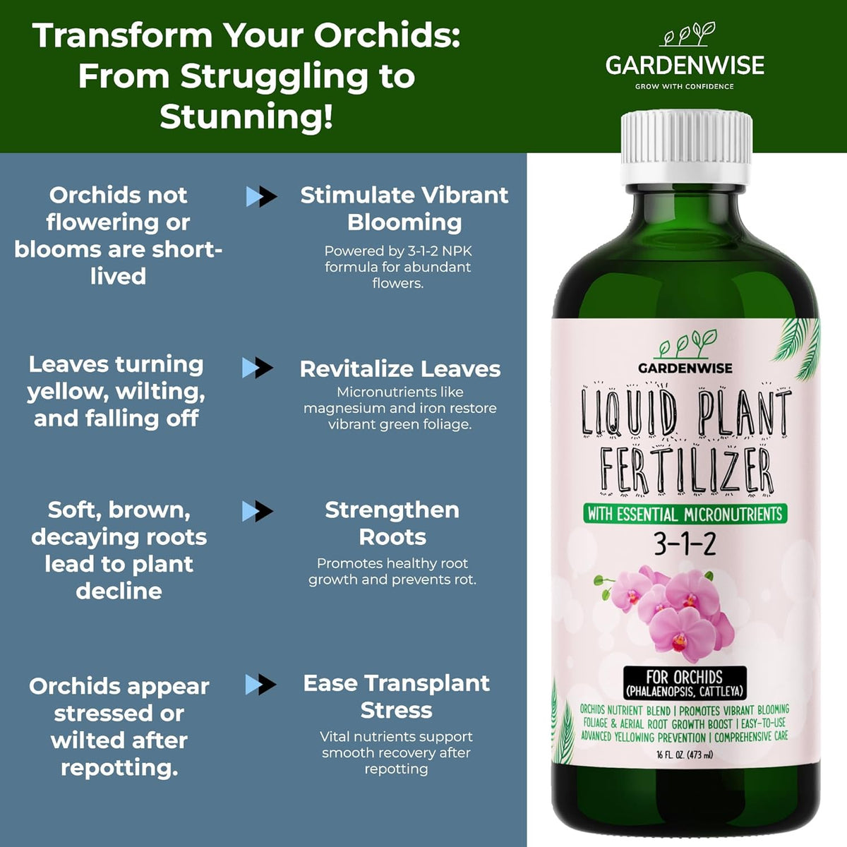 Liquid Orchid Fertilizer Concentrate 3-1-2 with Micronutrients Orchid Care Made Easy (16 OZ)