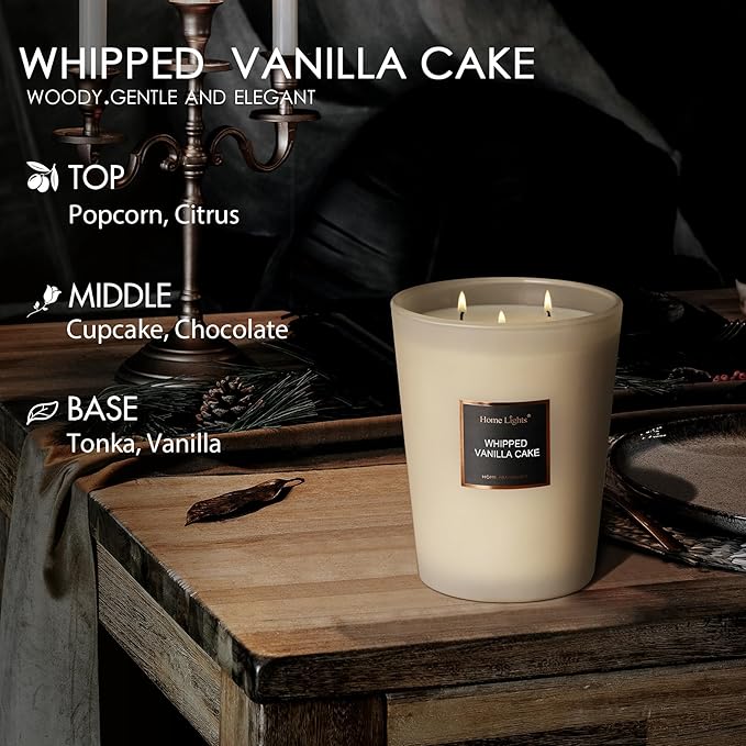 HomeLights Scented Candles, Big 33.3 oz for Home, Natural Soy Aromatherapy Candles, Smokeless Long Lasting 130 hrs with 3 Cotton Wicks, Candles Gifts for Women & Men, Whipped Vanilla Cake
