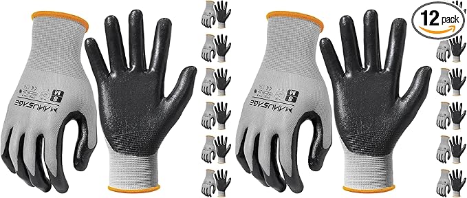 MANUSAGE Safety Gloves for Men and Women - Nitrile Work Gloves With Touchscreen Fingers and Grip - Mechanics Gloves (Size-M, Grey, 6 Pairs)