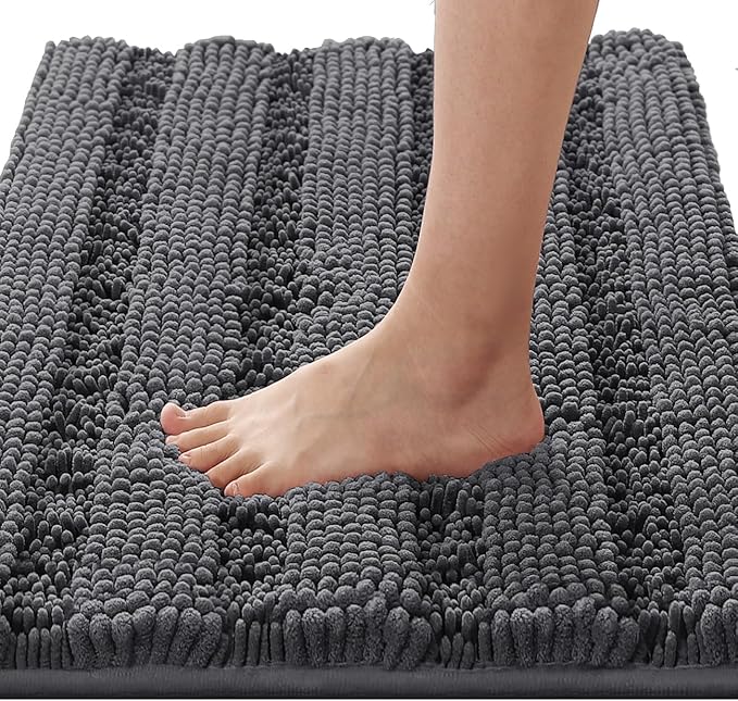 H.VERSAILTEX Bathroom Rugs Bath Rugs Non Slip Bath Mats Extra Thick Chenille Striped Rug 17" x 24" Absorbent Soft Shaggy Washable Dry Fast Bath Mats for Bathroom Floor - Grey