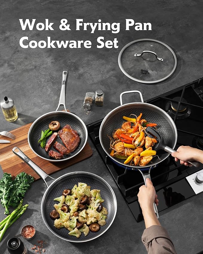 3-Piece Hybrid Stainless Steel Cookware Set-12 Inch Wok with Lid,10 Inch Frying Pan,12 Inch Skillet with Lid-Non Stick,PFOA Free,Dishwasher&Oven Safe,Induction Compatible