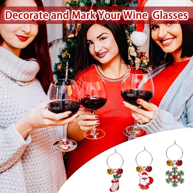 SANNIX 24pcs Christmas Wine Glass Charms - Identification Markers for Stem Glasses, Wine Tasting Party Favors & Holiday Decorations