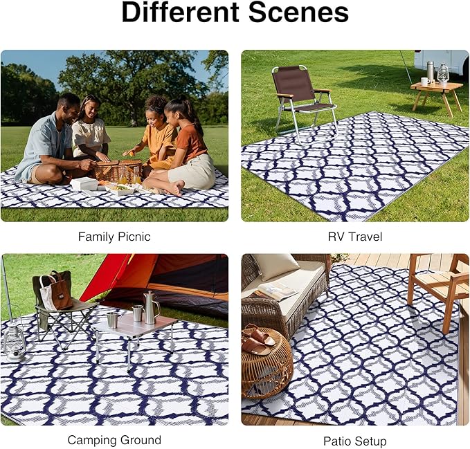 OLANLY Reversible Outdoor Rug 5x8 ft Clearance, Waterproof Outdoor Plastic Straw Rug with Interlacing Pattern, RV Mat for Patio, Camping, Balcony, Deck, Backyard, Navy & White