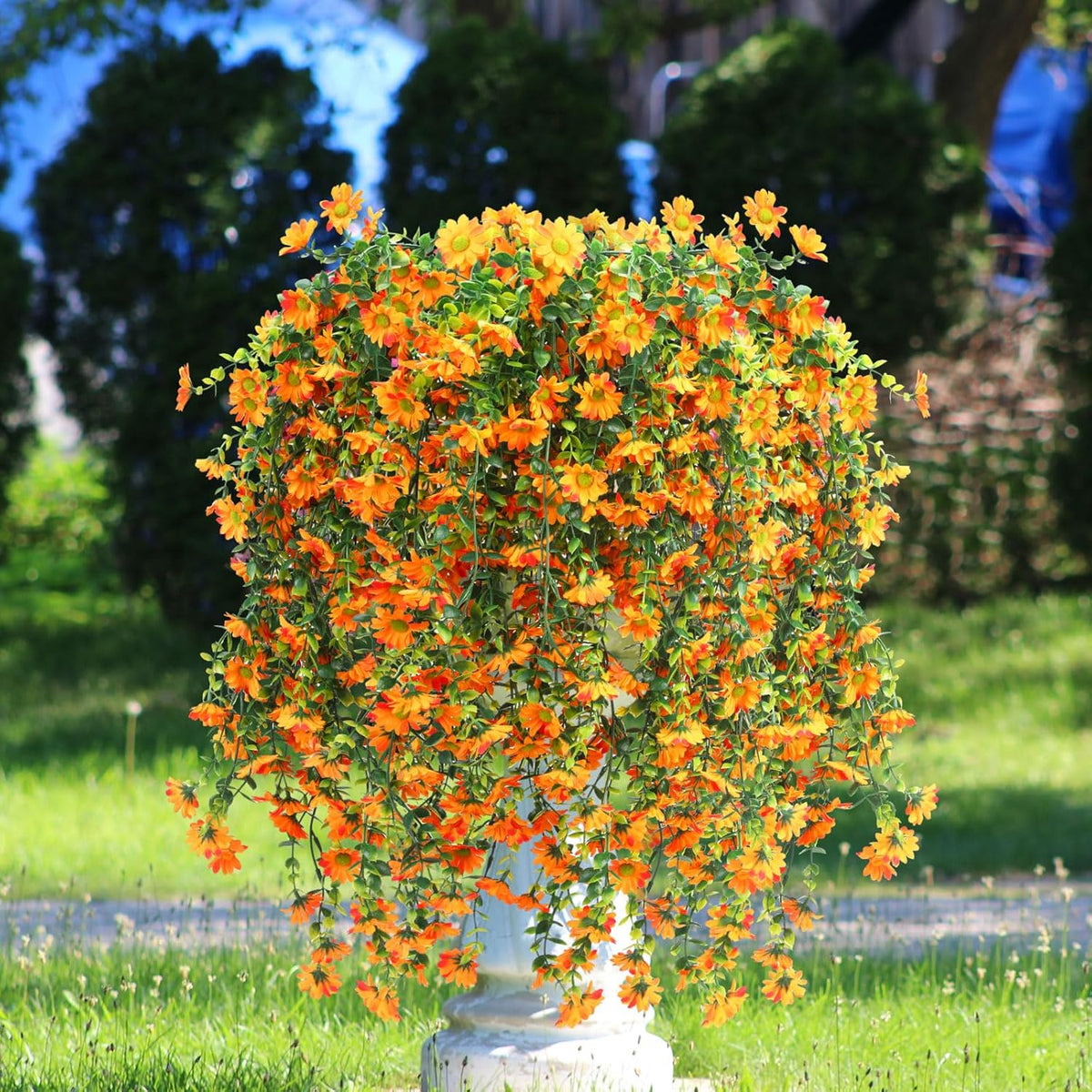 6 Pcs Artificial Fall Hanging Flowers Outdoor Silk Mum Plants Autumn Decor Faux Violet with Eucalyptus Realistic UV Resistant Trailing Vine Thanksgiving Porch Yard(Orange,Chamomile)