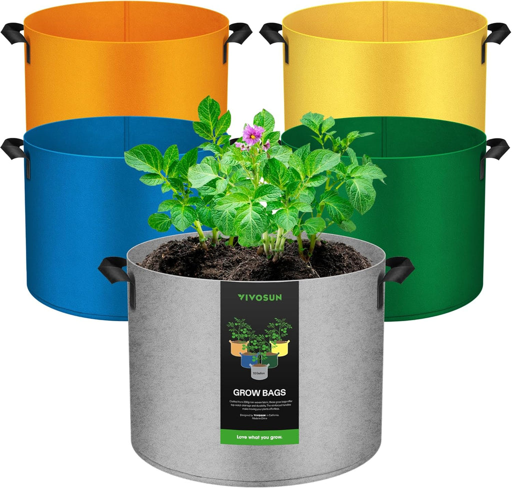 VIVOSUN 5-Pack 10-Gallon Colored Grow Bags, 350G Thick nonwoven Fabric Pots with Handles for Flowers, Fruits and Vegetables