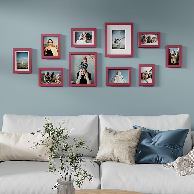 Vittanly 10 Pack Picture Frames Collage Wall Decor, Gallery Frame Set for Wall Mounting or Tabletop Display, Multi Sizes Including 2pcs 8x10, 4pcs 5x7, 4pcs 4x6, Red