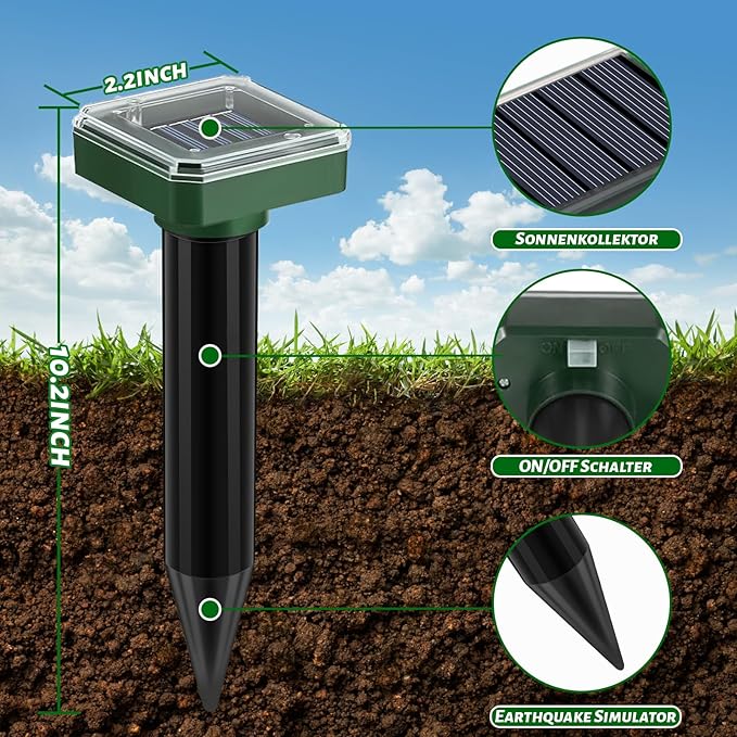 Mole Repellent Solar Powered 10 Pack, Ultrasonic Gopher Vole Deterrent Stakes for Yard & Garden, IP44 Waterproof Snake Repellent Outdoor, Effective Sonic Spikes for Groundhog, Skunk & Rodent Control
