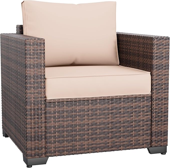 Amopatio Wicker Outdoor Sofa & Patio Couch Set - High Back Waterproof Patio Furniture Single Armrest Chair with Non-Slip Cushions, Outdoor Furniture Cover, Khaki