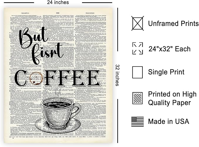 Poster Master Dictionary Art Poster - But First Coffee Print - Cafe Art - Gift for Men, Women, Coffee Lovers & Barista - Funny Decor for Kitchen, Restaurant or Dining Room, 24x32 Unframed Wall Art