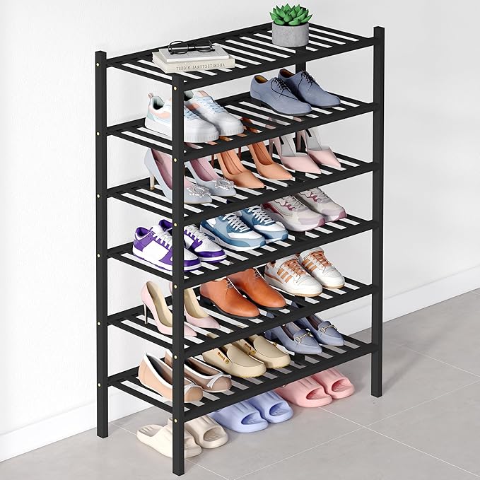 Smiry Bamboo Shoe Rack for Closet, 6 Tier Wooden Stackable Shoe Organizer, Free Standing Shoes Storage Shelf for Entryway, Front Door Entrance, Black