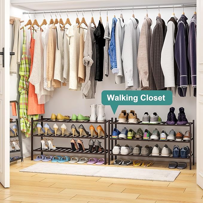 Long Shoe Rack, Bamboo Wood Shoe Rack for Closet, Entryway & Hallway, 3-Tier Stackable Shoe Shelf