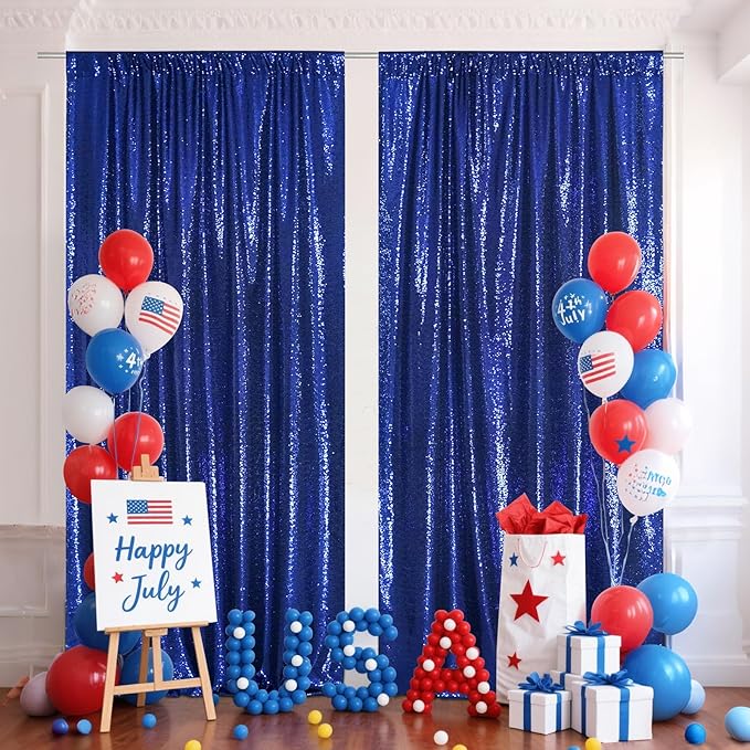 SquarePie Sequin Backdrop Curtain 8FT x 10FT Navy Blue Satin Backing Fabric Photography Background for Wedding Patry 4FT x 10FT 2 Panels