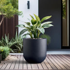 Kante 16.5" Round Concrete Planter, Large Cylinder Plant Pot with Curved Bottom and Drainage Hole, for Indoor and Outdoor Use – Garden or Patio, Charcoal Finish with Warm Brown Interior