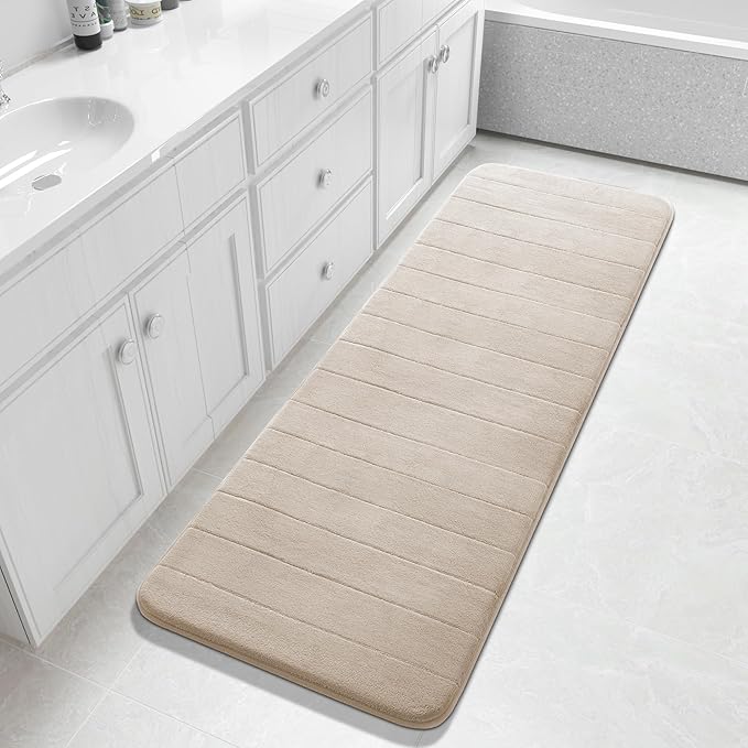 Yimobra Bathroom Runner 60"x24", Non Slip Memory Foam Bath Mat, Super Soft Water Absorbent Hallway Carpet, Machine Washable Rug for Vanity Tub Shower, Beige