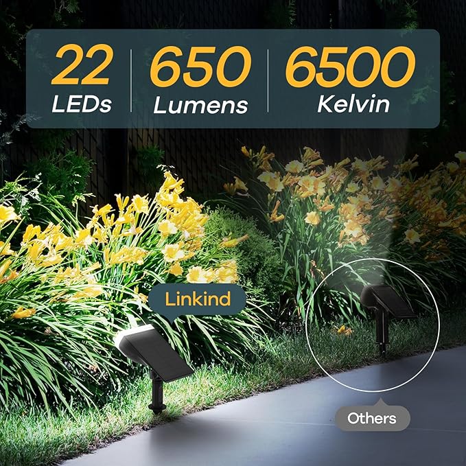 Linkind Solar Lights Outdoor Waterproof IP67, StarRay Dusk-to-Dawn Outdoor Solar Lights, 3 Lighting Modes Solar Spot Lights Outdoor for Garden, Yard, Landscape (Daylight, 4 Pack)