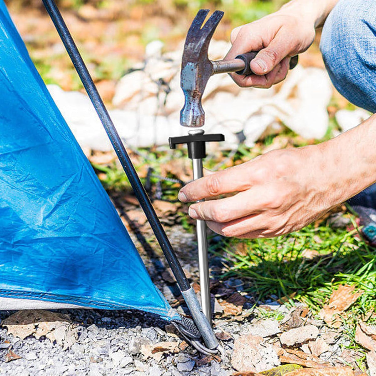 Eurmax USA Galvanized Non-Rust Camping Family Tent Pop Up Tent Stakes Canopy Anchors Heavy Duty 10pc-Pack, with 4x10ft Ropes & 1 Stopper(Black)