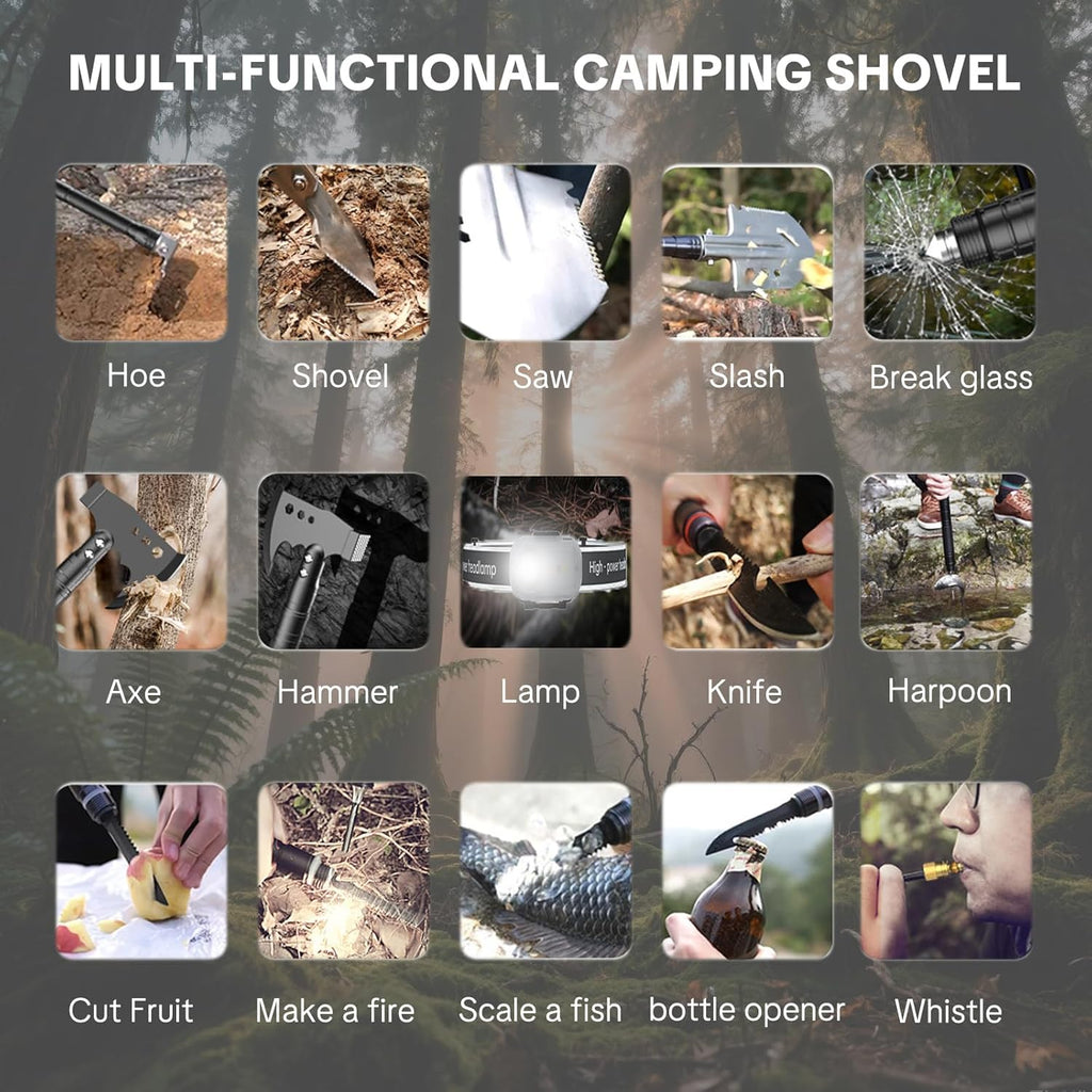 Jbox Shovel Axe Set, High Carbon Steel Folding Shovel with Adjustable 19.2-37.8 Inch Handle, Multi-Tool for Camping, Hiking, Cycling & Emergency, Includes Headlamp, Tactical Outdoor Gear
