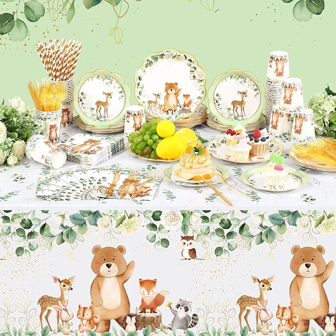 452 Pcs Woodland Party Decoration for 50, Woodland Animal Baby Shower Paper Plates Napkins Cups Tablecloth Cutlery Straws for Forest Wild Safari Birthday Gender Reveal Party Supplies